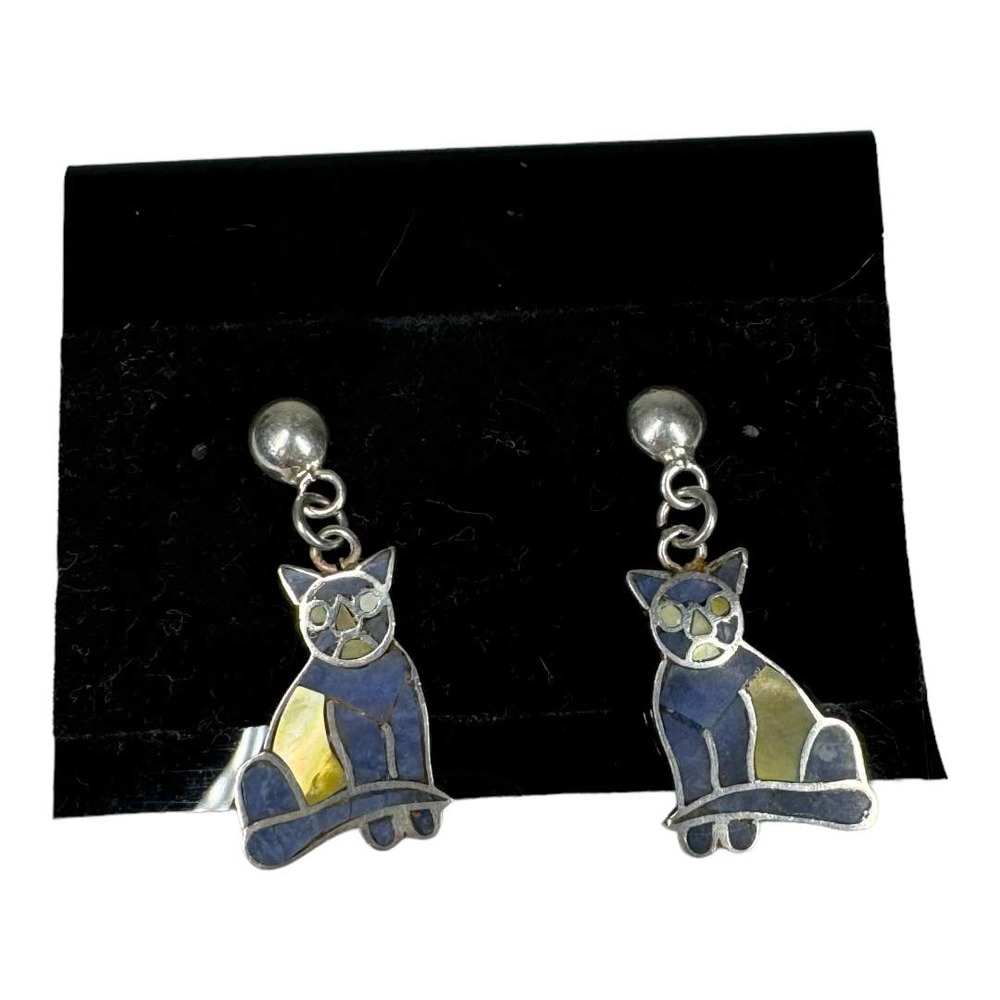 Vintage Sterling Silver Cat Earrings Post Stud 950 Lapis Lazuli Abalone Kitty